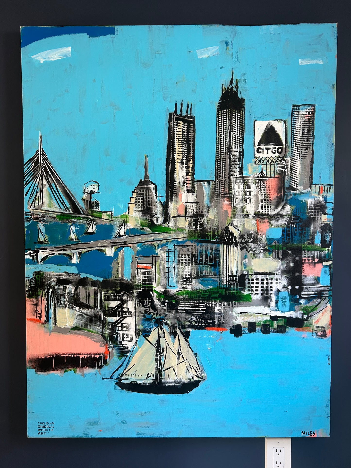 Boston Skyline, blue skies painting. signed + limited edition print. 11x14