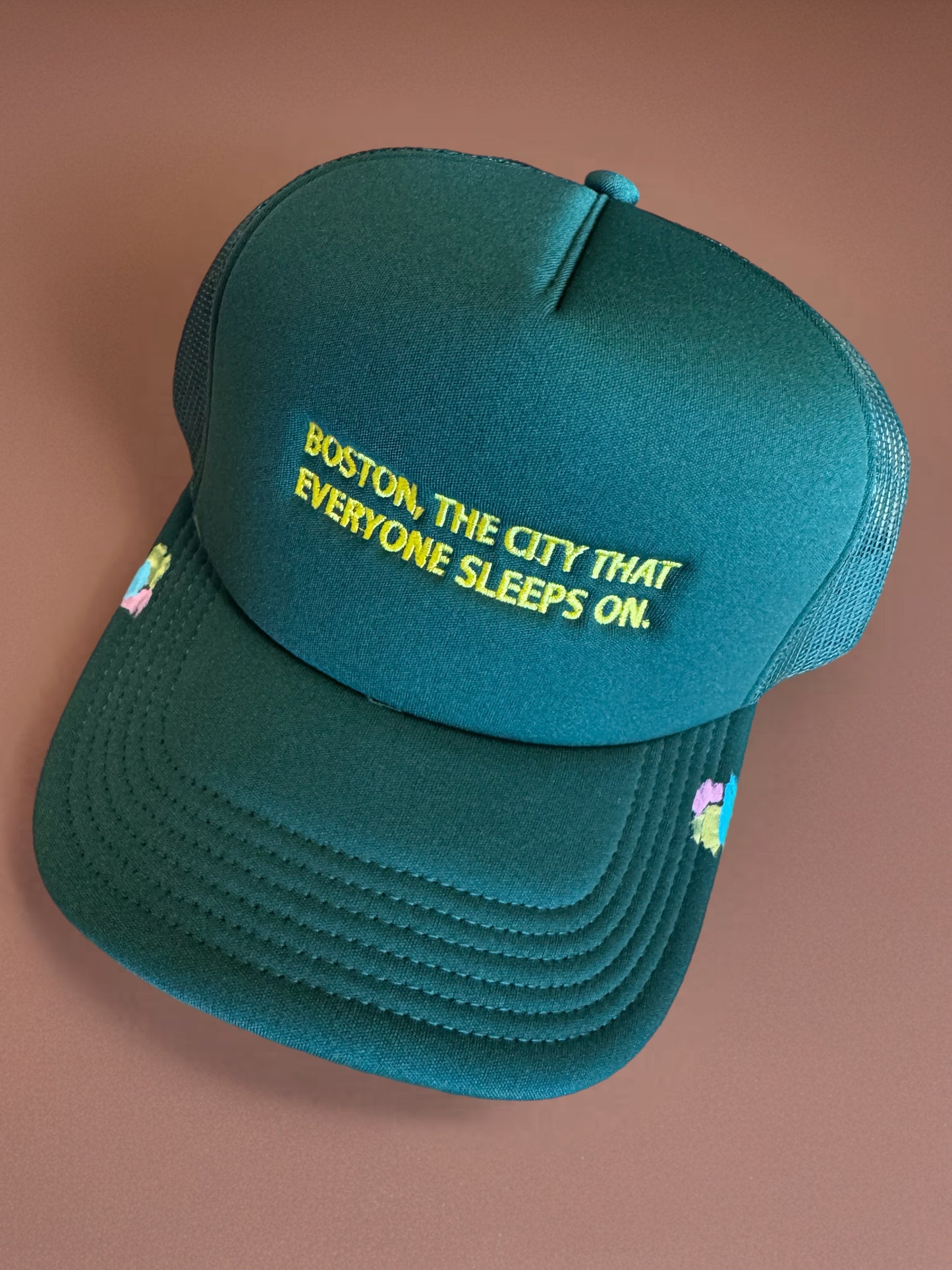 Boston, The City that everyone sleeps on. Foam Trucker Hat. Adjustable. (Forest Green)