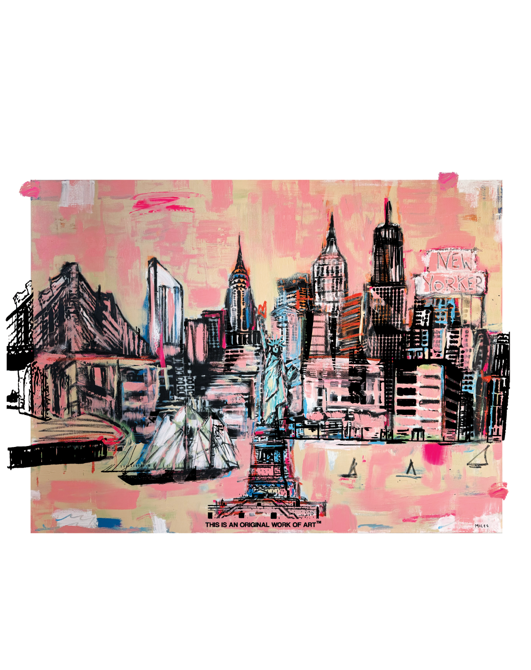 New York City Skyline in pastels of pink. signed + limited edition print. 11x14