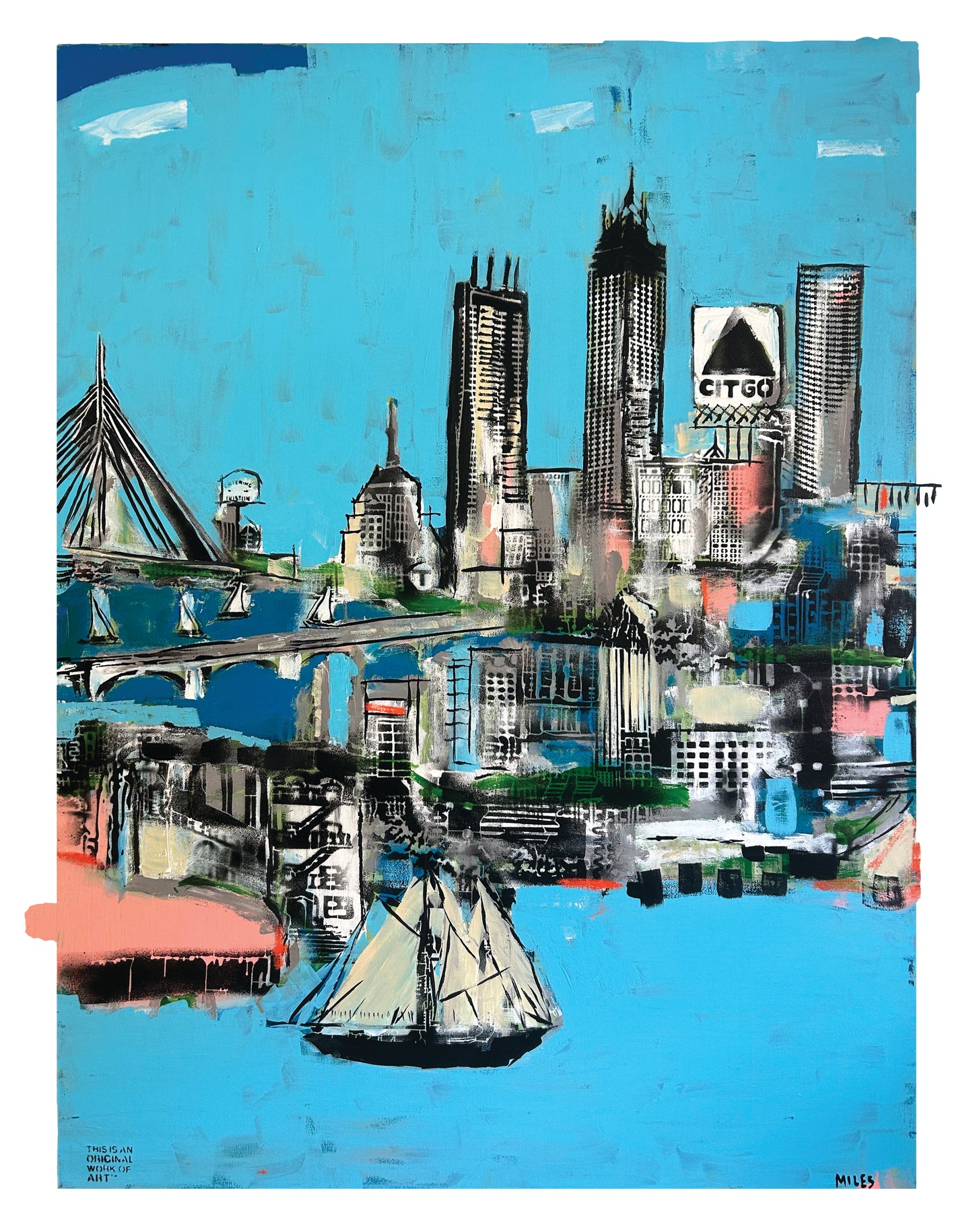 Boston Skyline, blue skies painting. signed + limited edition print. 11x14