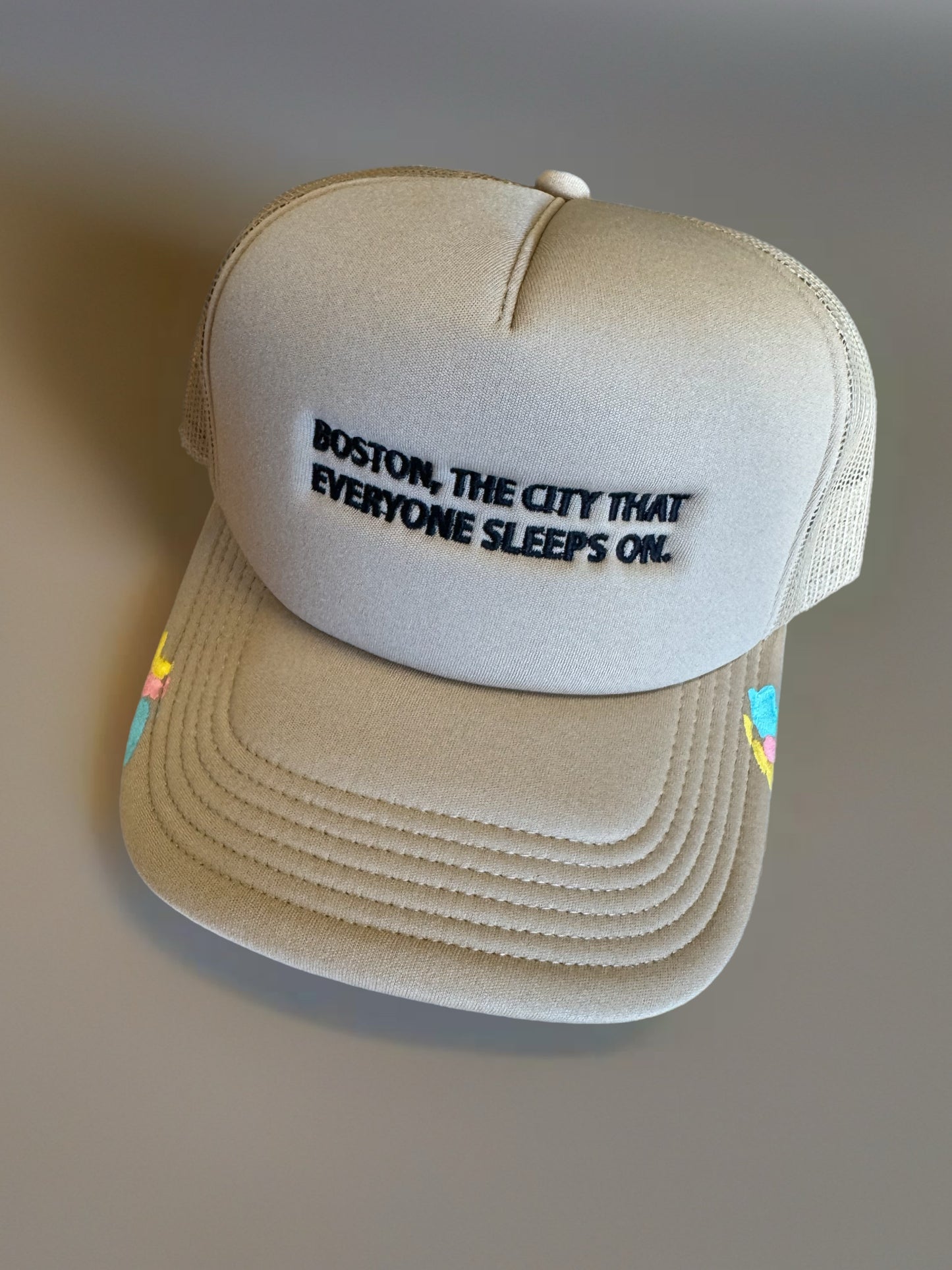 Boston, The City that everyone sleeps on. Foam Trucker Hat. Adjustable. (Khaki)