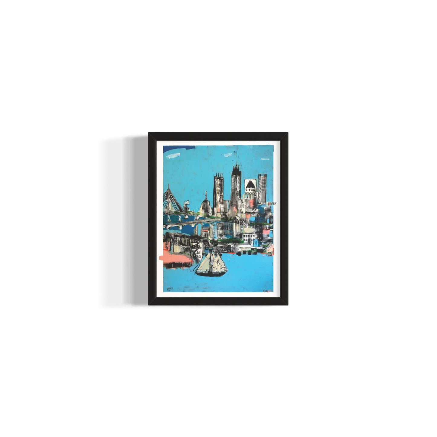 Boston Skyline, blue skies painting. signed + limited edition print. 11x14