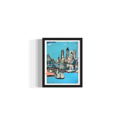 Boston Skyline, blue skies painting. signed + limited edition print. 11x14