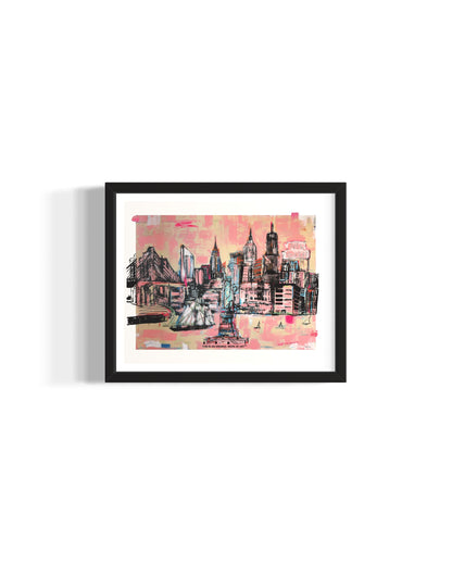New York City Skyline in pastels of pink. signed + limited edition print. 11x14