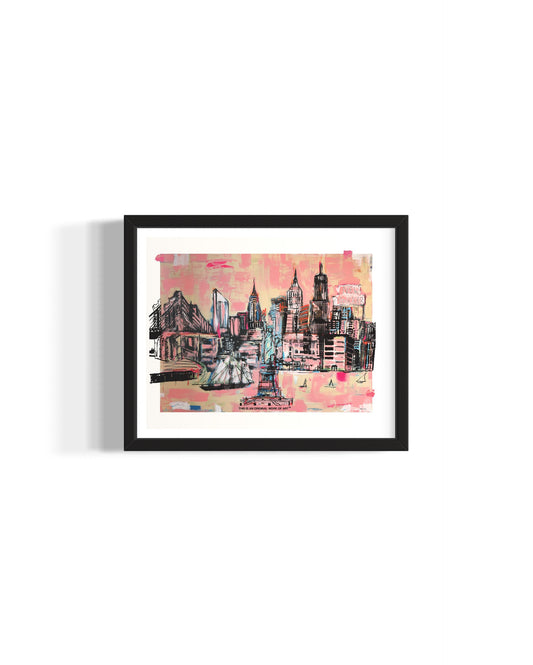 New York City Skyline in pastels of pink. signed + limited edition print. 11x14